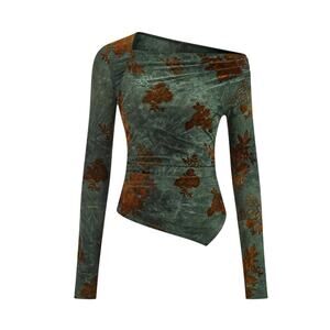 Commense One Shoulder Floral Mesh Top Forest Green Brown L NWT Modern Romantic